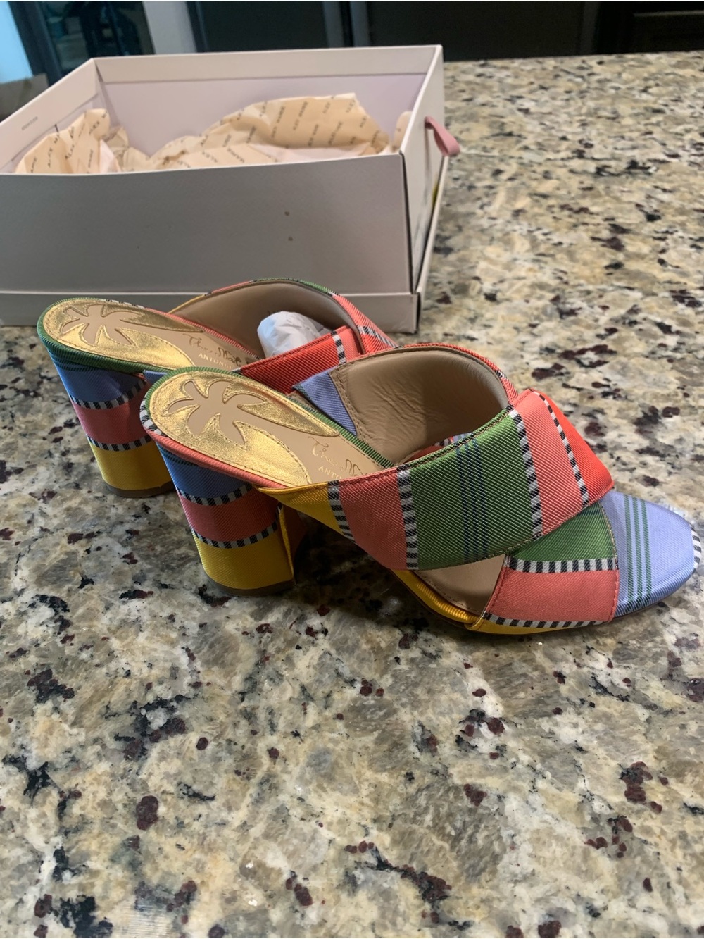 ANTONIO MELANI Multicolor Striped Fabric Block Heel Mules - Picture 2 of 5